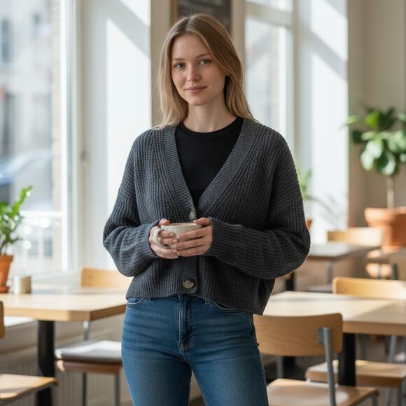 H&M Gray Oversized Ribbed Knit Cropped Crop Cardigan Sweater Medium Casual Cozy - Picture 1 of 7